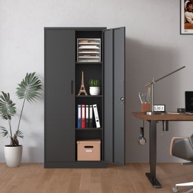 71"H Metal Garage Storage Cabinet, Black Tool Steel Locking Cabinet with Doors and 3 Shelves