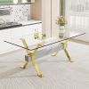 Dining table. Modern tempered glass dining table. Large modern office desk with gold plated metal legs and MDF crossbars