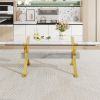Dining table. Modern tempered glass dining table. Large modern office desk with gold plated metal legs and MDF crossbars