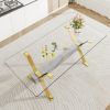 Dining table. Modern tempered glass dining table. Large modern office desk with gold plated metal legs and MDF crossbars