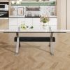 Dining table. Modern tempered glass dining table. Large modern office desk with silver plated metal legs and MDF crossbars